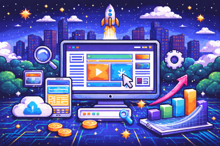 8-bit pixel art illustration of a futuristic website dashboard on a desktop monitor with mobile device, analytics charts, rocket launch, and digital interface elements in a retro early 1990s video game style, landscape format.