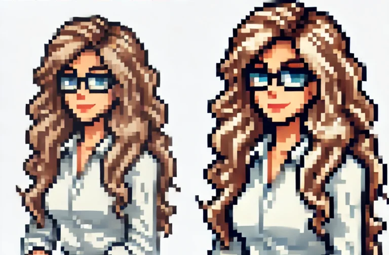 Sydney Halbur - 8 bit version - sitting at desk