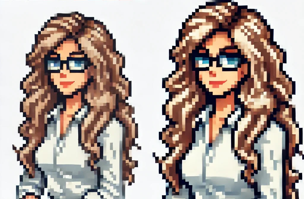 Sydney Halbur - 8 bit version - sitting at desk
