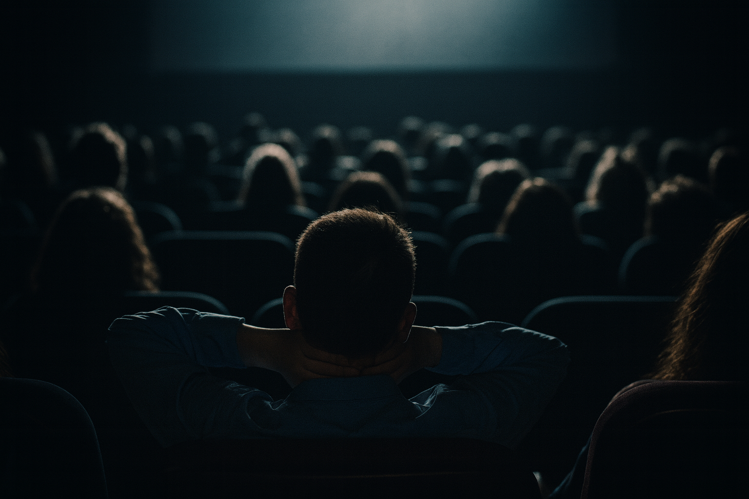 Movie goers watching a movie at a theater. 