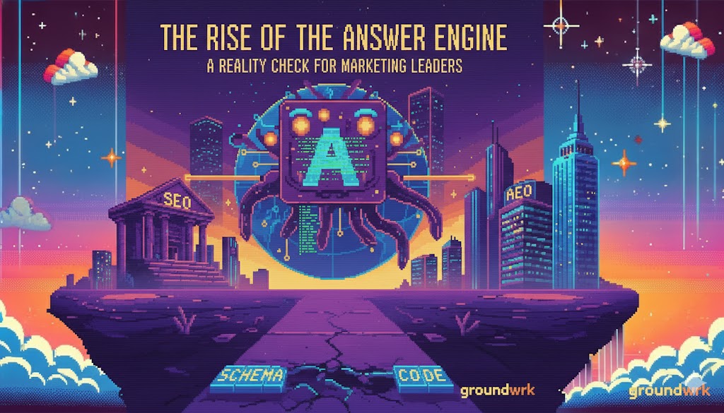 8-bit pixel art illustration for Groundwrk showing the transition from traditional SEO to Answer Engine Optimization (AEO). The landscape features a digital city skyline with 'SEO' and 'AEO' buildings connected by 'Schema' and 'Code' blocks, representing a high-level technical foundation for AI search readiness.