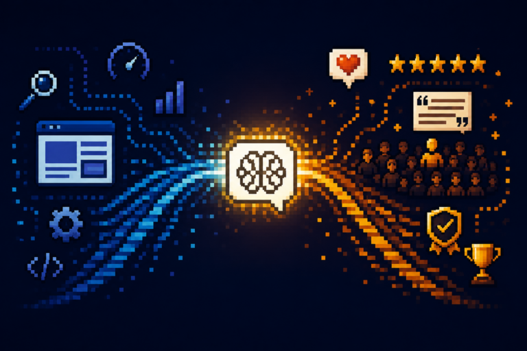 8-bit pixel art of technical optimization and reputation signals converging into an AI decision, illustrating the connection between SEO, AEO, and trust.
